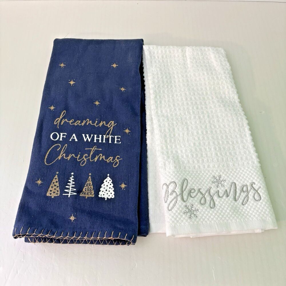 Christmas Holiday Dish Towels Bundle Set of 2 NEW Blue White Silver Gold